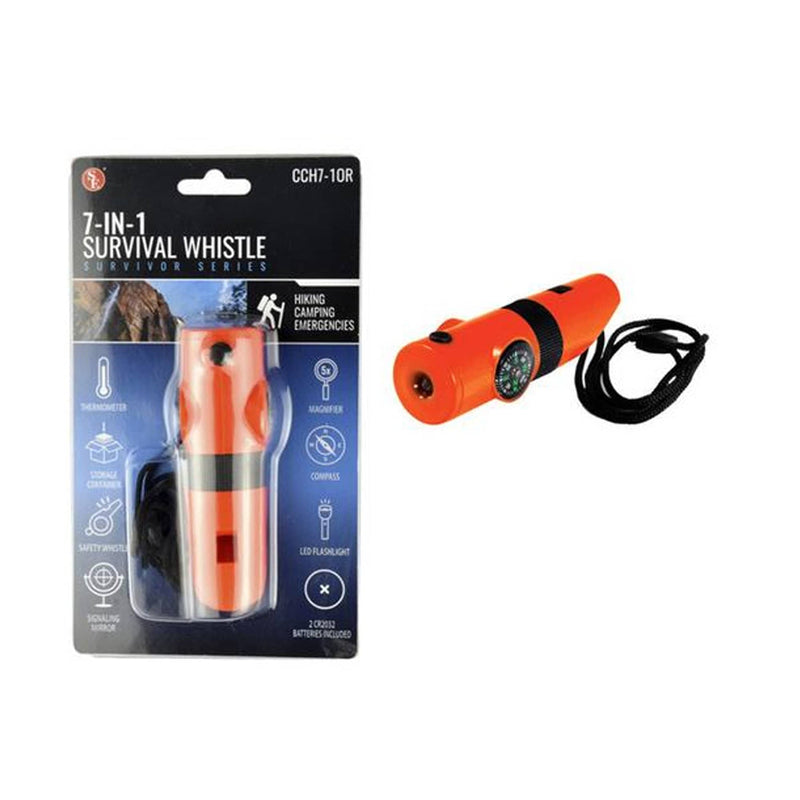 Orange 7-In-1 Survival Whistle with LED Flashlight and Compass
