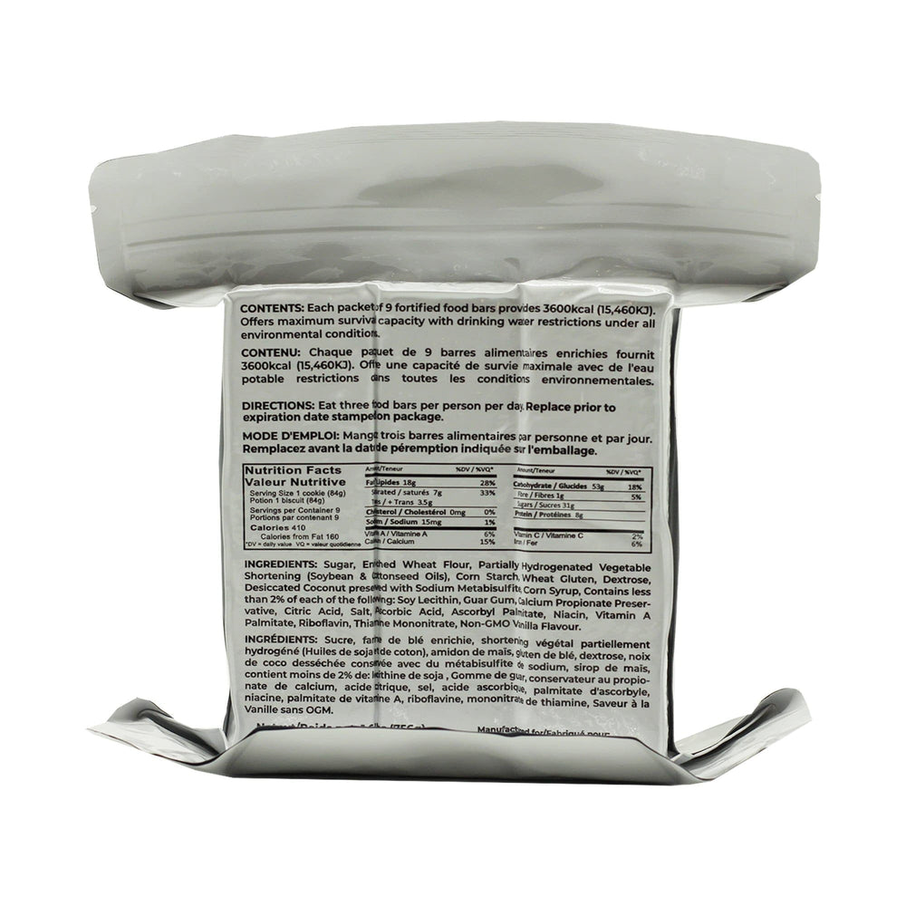 72 HRS 3600 calorie food rations back packaging view with ingredients list and nutritional info