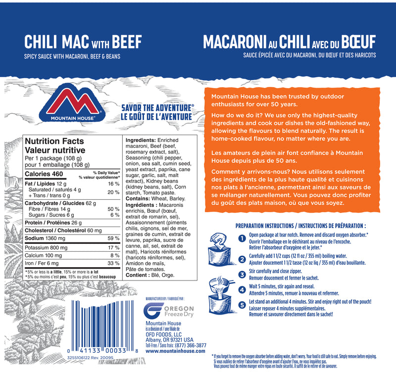 Mountain House Chili Mac with Beef nutritionals and ingredients