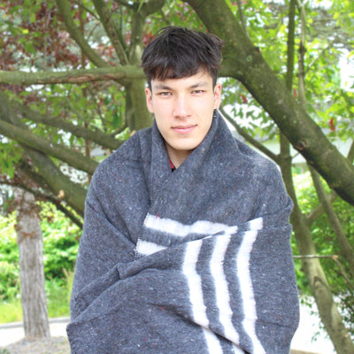 man wrapped in Gray and White Cotton Blanket