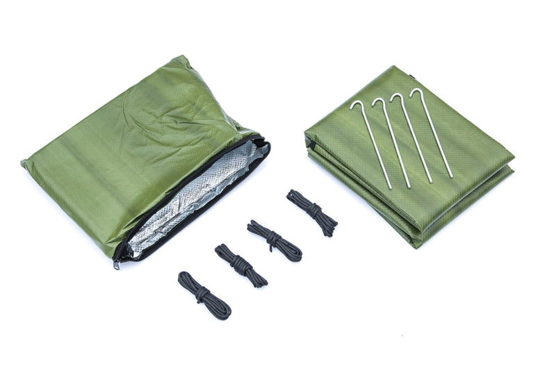 Green Double-Sided Thermal Reflective Tarp Kit with items folded and laid out