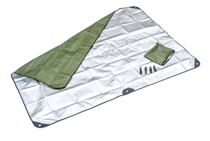 Green Double-Sided Thermal Reflective Tarp Kit with items laid out and tarp opened on aluminum side