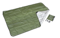 Green Double-Sided Thermal Reflective Tarp Kit with items laid out and tarp opened on green side