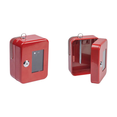 red key safe with hammer to break glass in case of emergency