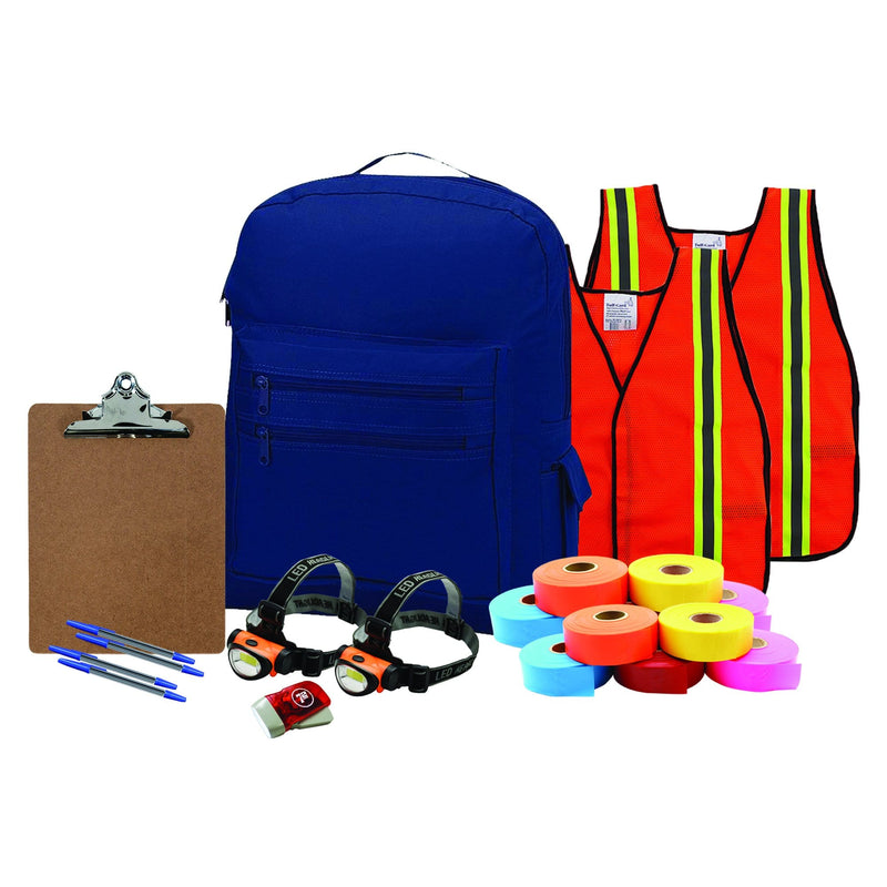 Evacuation Emergency Kit with items outside of blue backpack