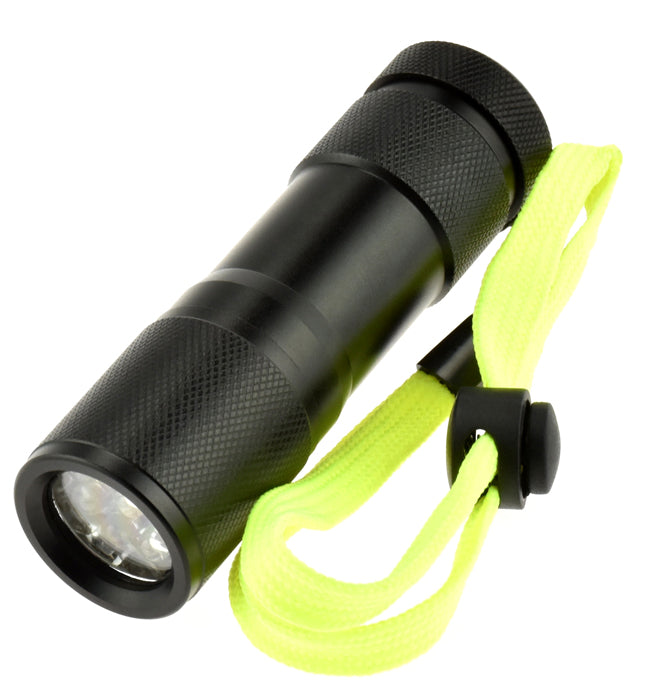 9 LED Waterproof Flashlight angled view with neon strap