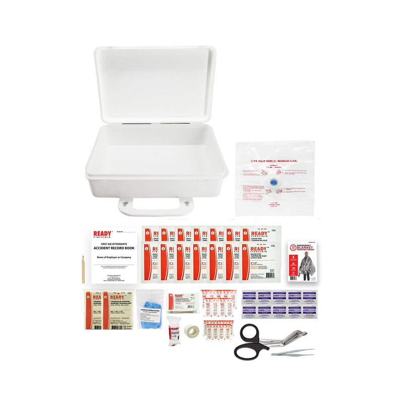 Federal type A first aid kit with contents laid outside of white plastic storage box