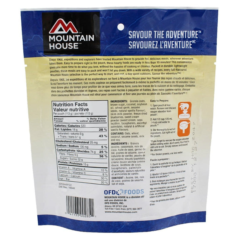 Mountain House Granola with Milk and Blueberries Pouch with ingredients and nutritional facts