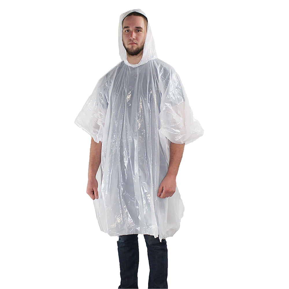 man standing and wearing 72HRS hooded rain poncho