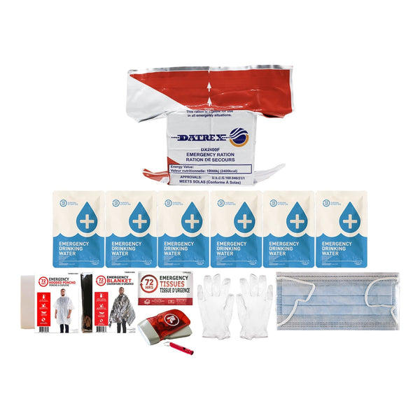 72HRS individual student kit with food, water, and shelter laid out
