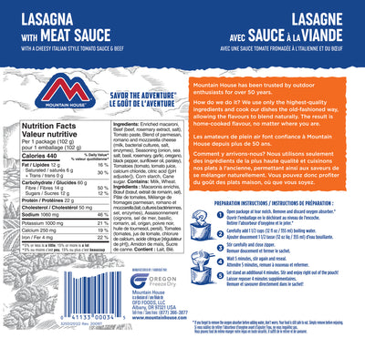 Mountain House Lasagna with Meat Sauce showing ingredients and nutritional facts