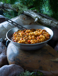 Mountain House Lasagna With Meat Sauce #10 can served in a metal bowl outdoors