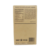 Back side of MRE lentil stew with potatoes and ham case with retort bag inside