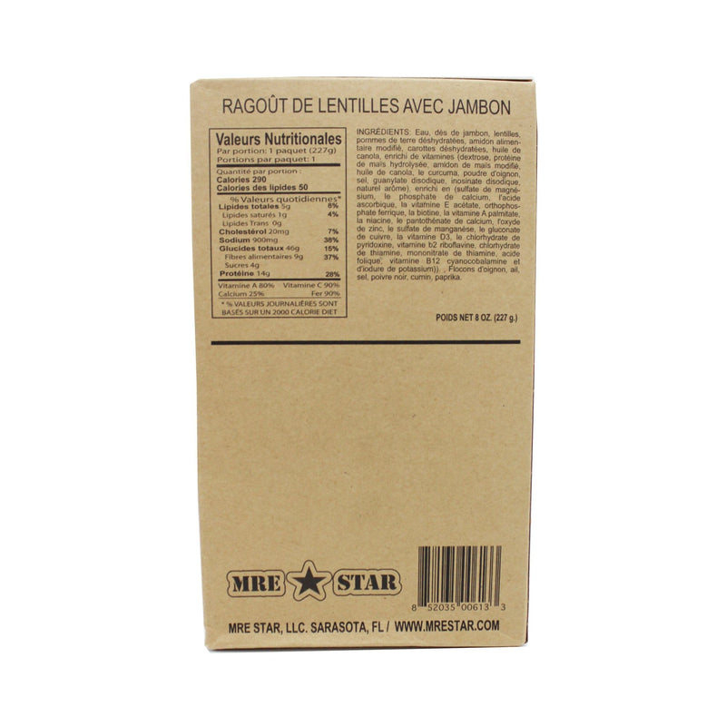 Back side of MRE lentil stew with potatoes and ham case with retort bag inside