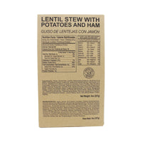 Front side of MRE lentil stew with potatoes and ham case with retort bag inside