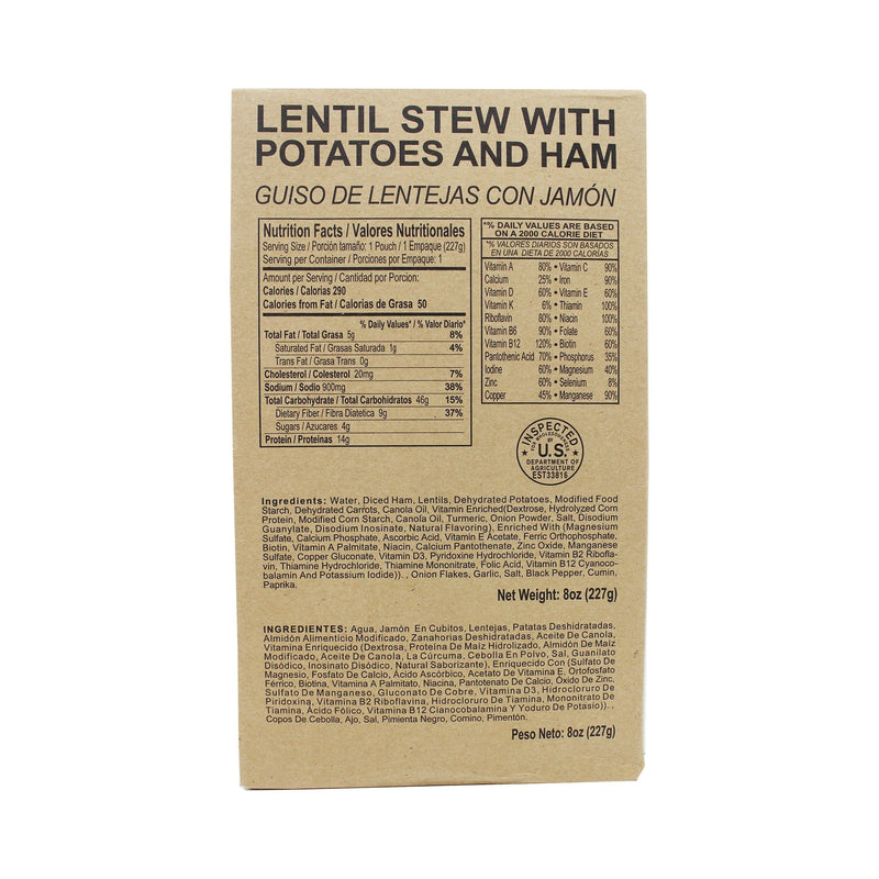 Front side of MRE lentil stew with potatoes and ham case with retort bag inside