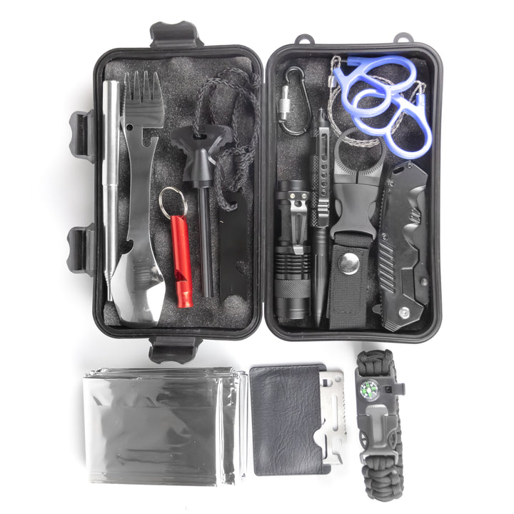 72HRS 14 in 1 Tactical Survival Kit items laid out