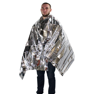 man standing and wearing reflective metallic extra large thermal blanket