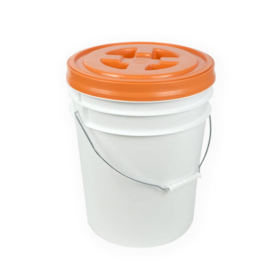 orange plastic bucket with black sealed