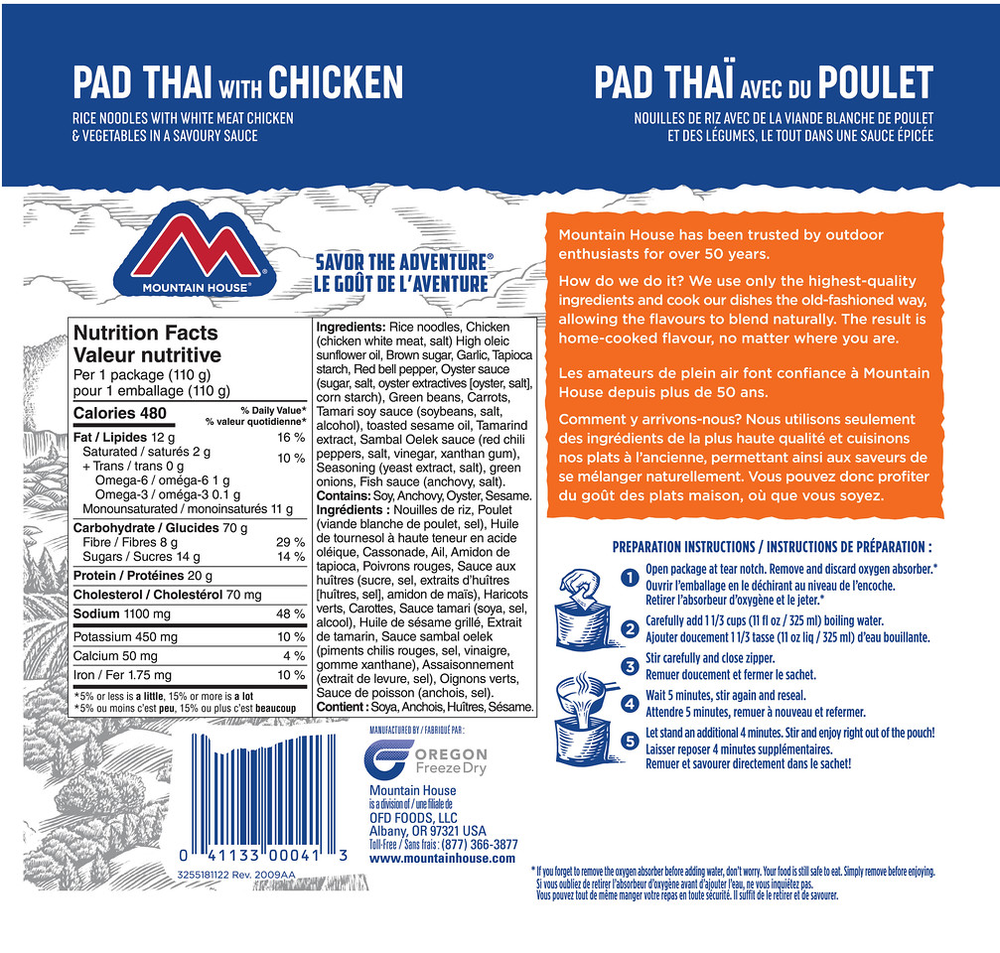 Mountain House Pad Thai with Chicken pouch showing ingredients and nutritional facts.