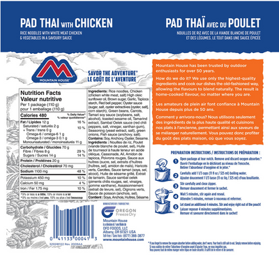 Mountain House Pad Thai with Chicken pouch showing ingredients and nutritional facts.