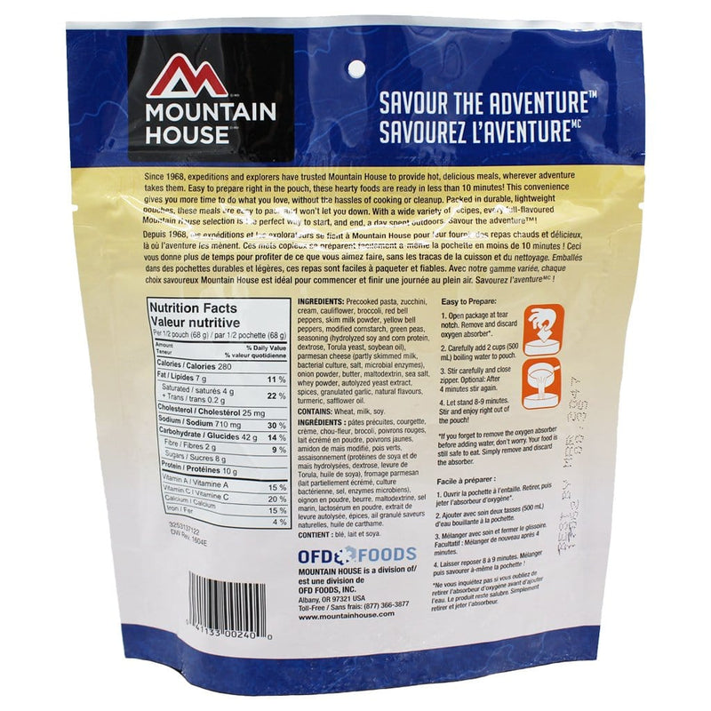 Mountain House Pasta Primavera Pouch with ingredient and nutritional facts