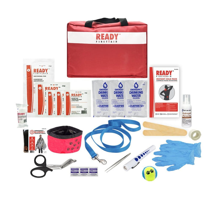 Pet First Aid Kit Deluxe (Veterinarian Approved) with contents laid out