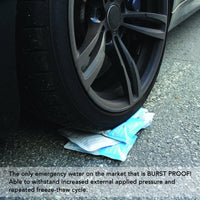 72HRS water pouches driven over by a car and are burst proof to withstand applied pressure and temperature changes