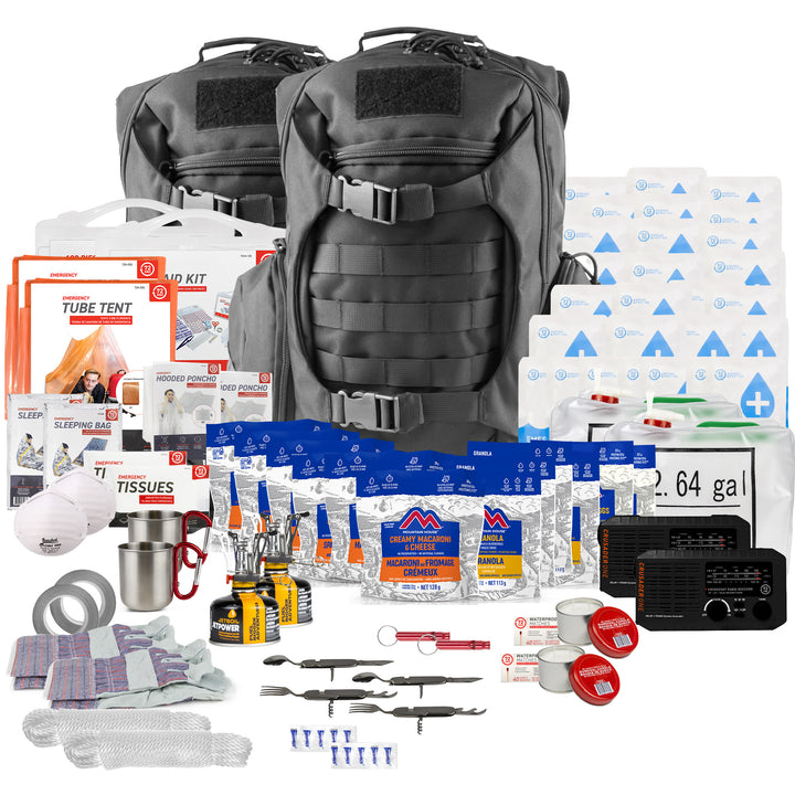 2 Person Tactical Real Meal Emergency Survival Kit with NOAA Weatherband Radio by 72HRS items laid out