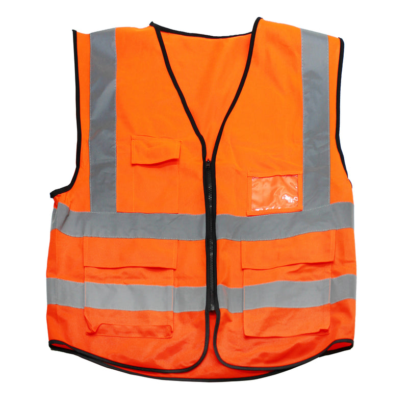 Orange safety vest with reflective strips and front pockets