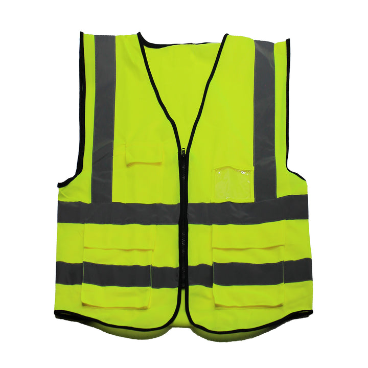 Yellow safety vest with reflective strips and front pockets