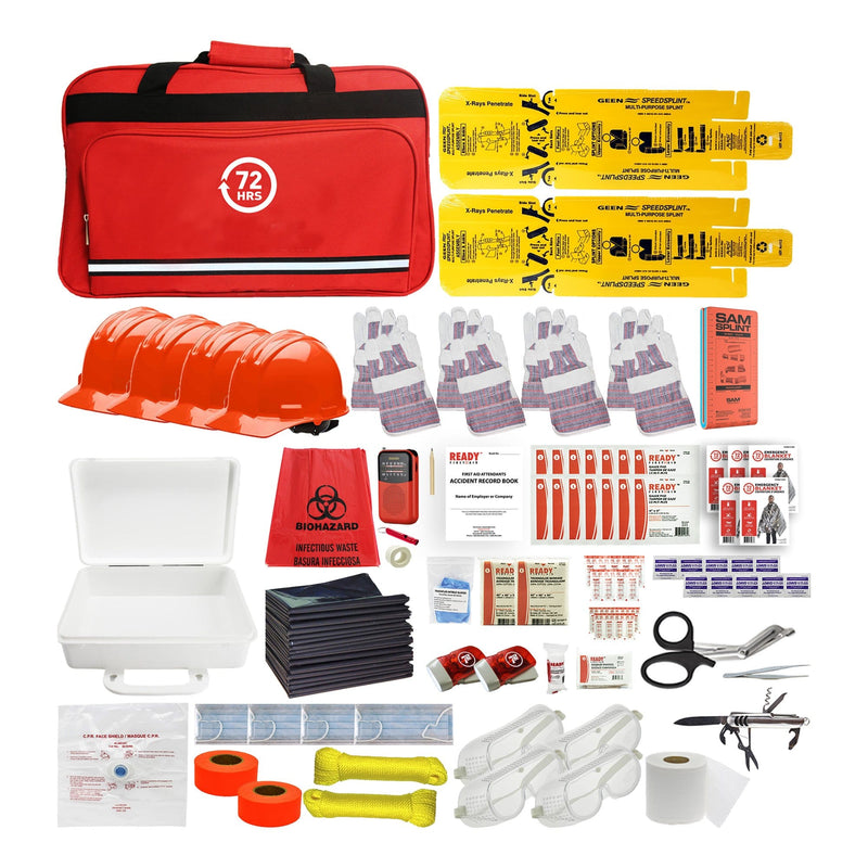72HRS school emergency survival kit with contents laid outside of red duffle bag
