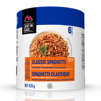 The Mountain House Spaghetti with Meat Sauce #10 Can is made with noodles and beef in Italian-style red sauce. Perfect for emergency food storage.