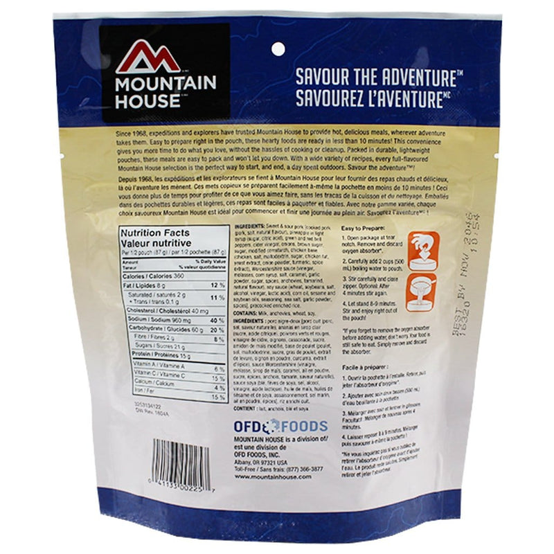 Mountain House Sweet and Sour Pork Sauce Pouch with ingredients and nutritional facts