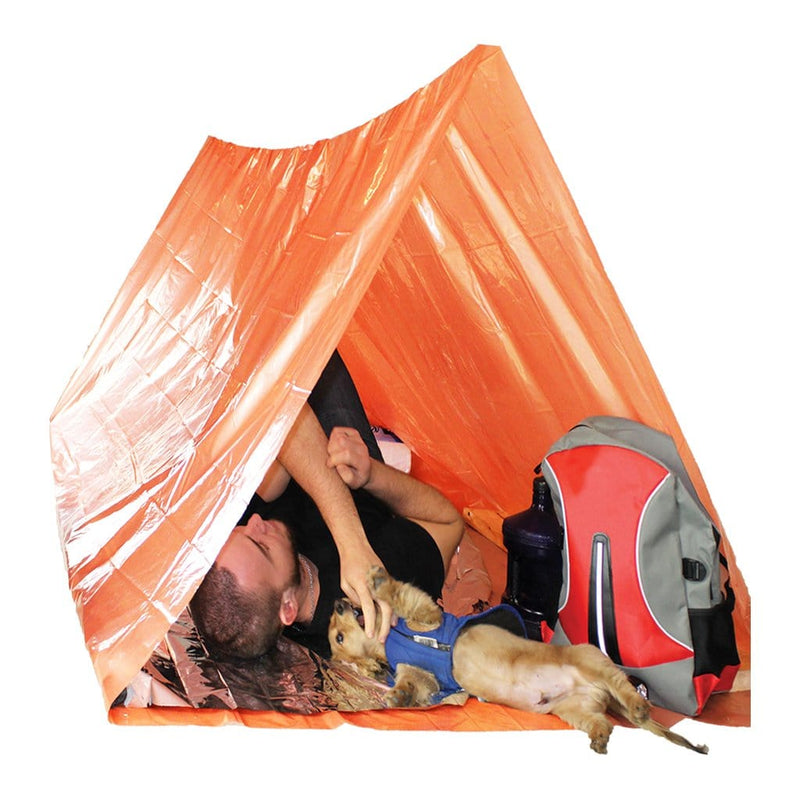 Emergency Tube Tent iwth man and dog sleeping inside tent