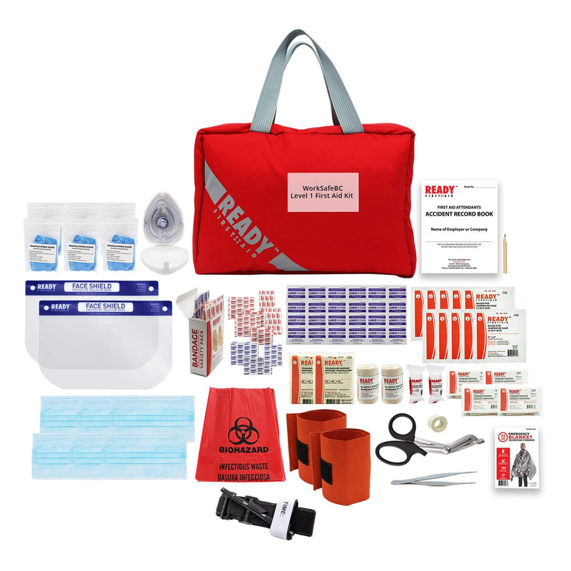 level 1 first aid kit with contents laid outside of red ready first aid storage bag