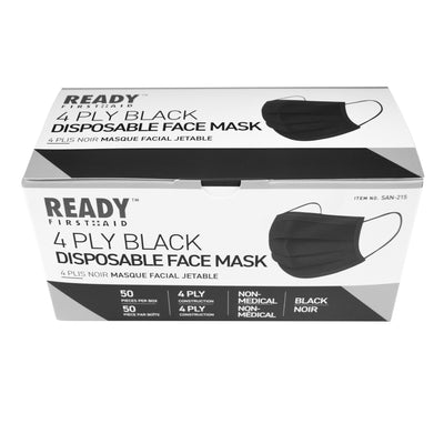 Top view of 4-ply black disposable face mask pack of 50
