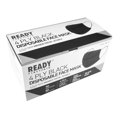 Top  angled view of 4-ply black disposable face mask pack of 50