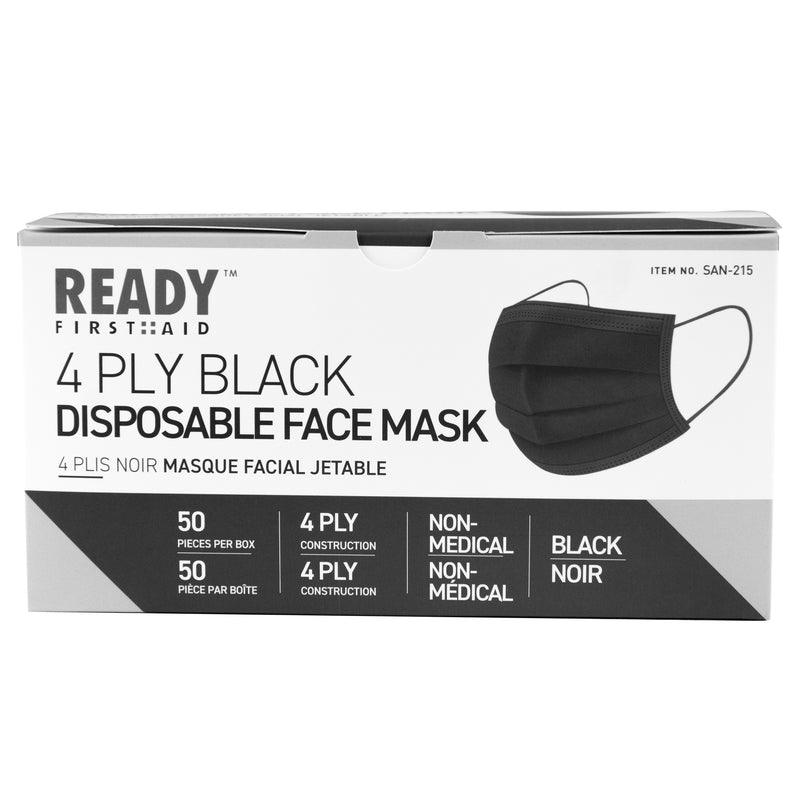 Front view of 4-ply black disposable face mask pack of 50