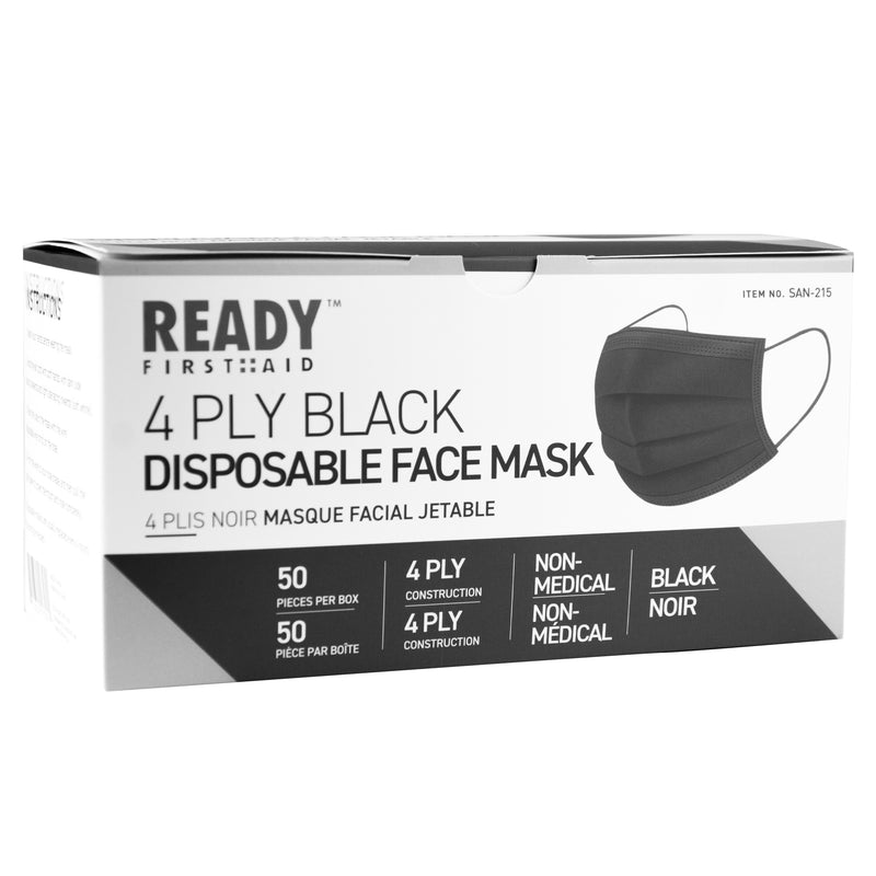 Side view of 4-ply black disposable face mask pack of 50