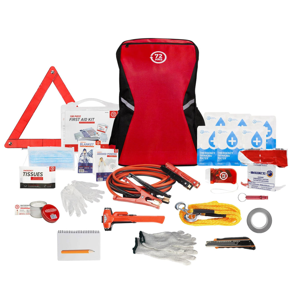 72HRS Essential Backpack Car Safety Kit - First Aid, Jumper Cables