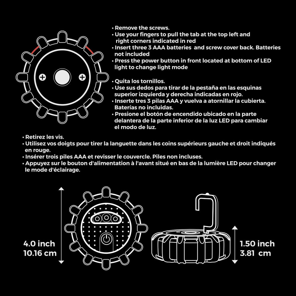 Road Flare - LED battery replacement instructions and dimensions