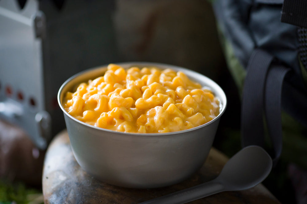 mac and cheese served in metal bowl