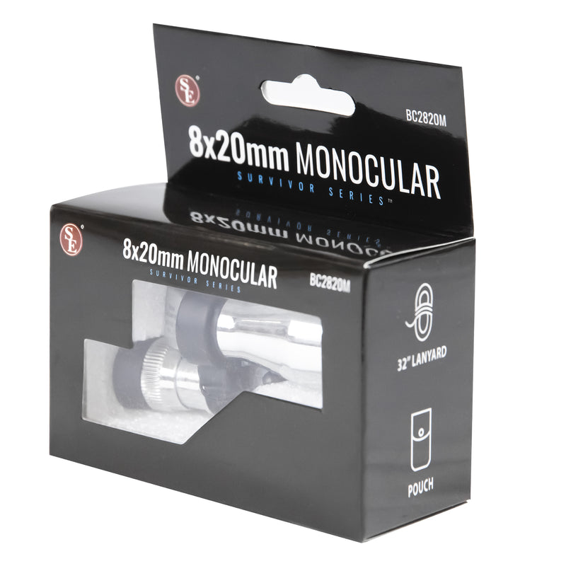 Monocular with Lanyard inside packaging front angled view