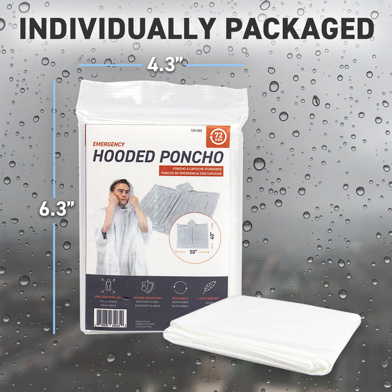 72HRS Disposable Hooded Rain Poncho Individually Packaged