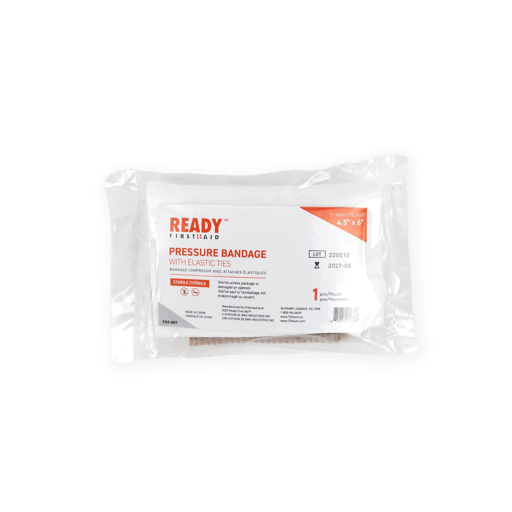 Pressure Bandage w/Elastic Ties 11.4cm x 14.3cm (4.5 inches x 6 inches) - Ready First Aid