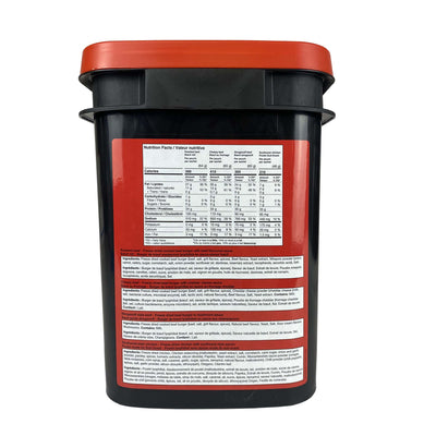 ReadyWise Emergency Freeze Dried Meats and Beans + Rice Bucket side with meat nutritionals