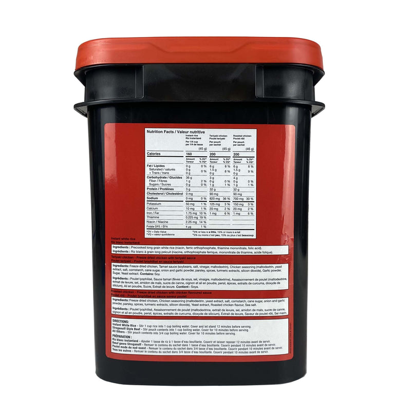 ReadyWise Emergency Freeze Dried Meats and Beans + Rice Bucket side with rice nutritionals