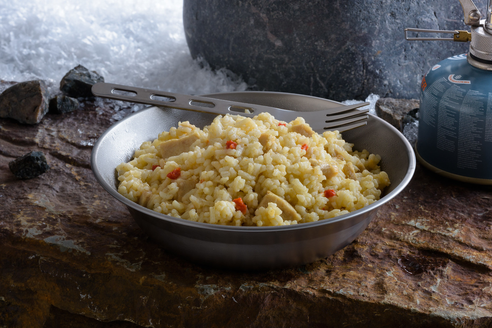 rice and chicken served on metal plate