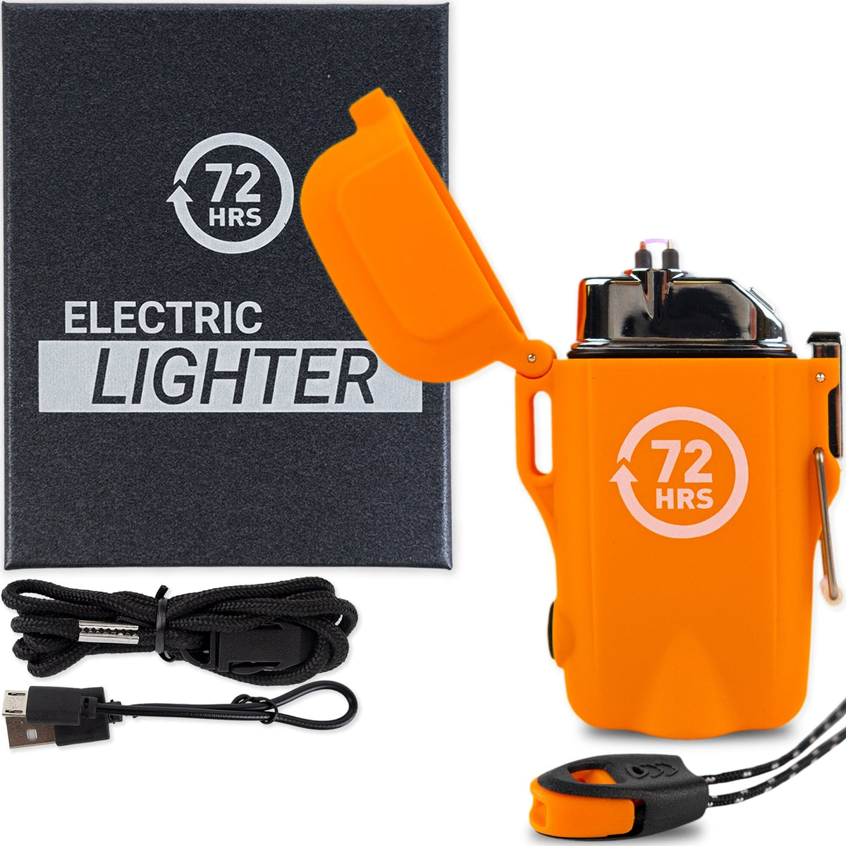 72HRS orange electric lighter with lanyard, USB cable and box